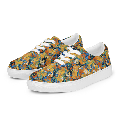 Women's Lace-Up Canvas Shoes - Whimsical Feline Dance