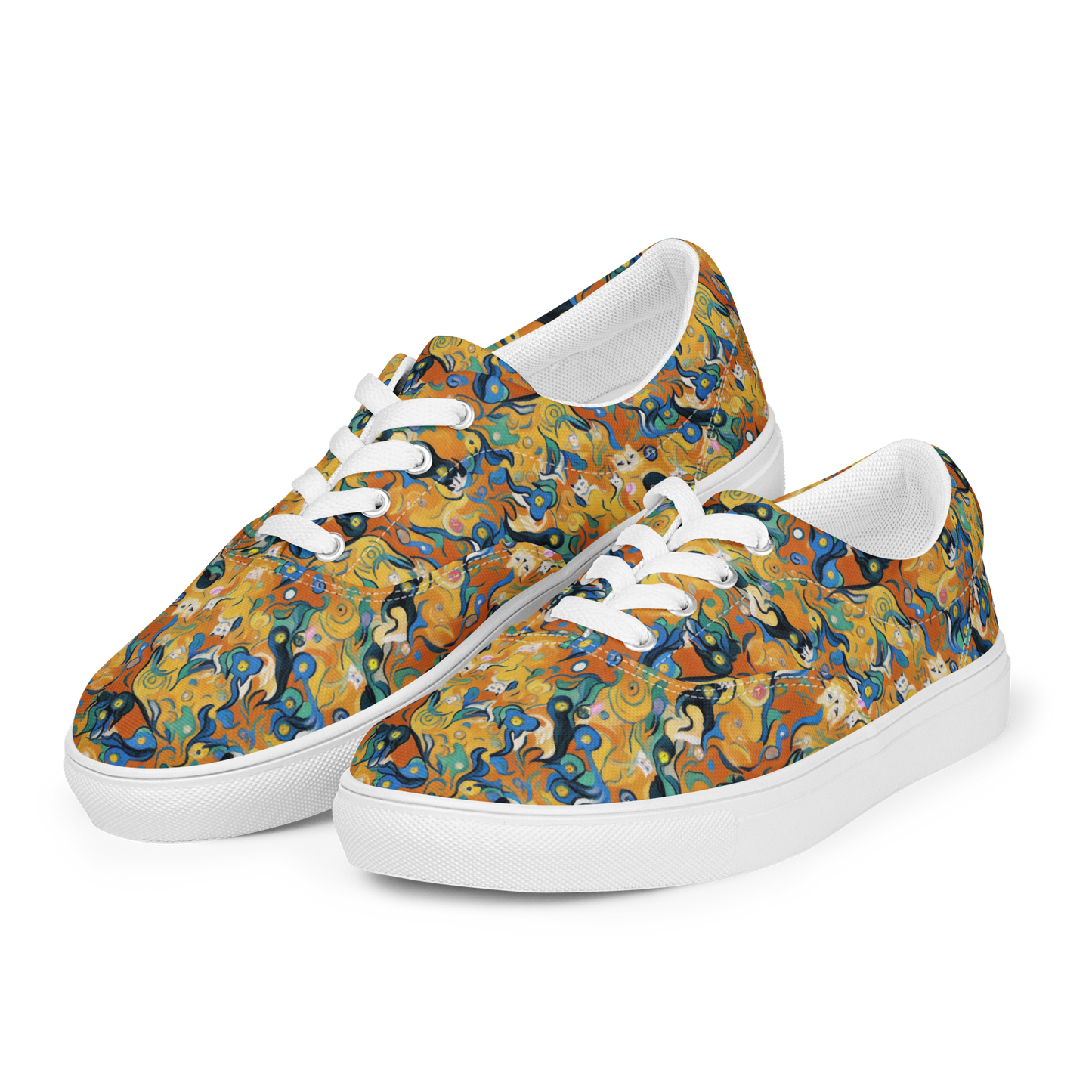 Women's Lace-Up Canvas Shoes - Whimsical Feline Dance