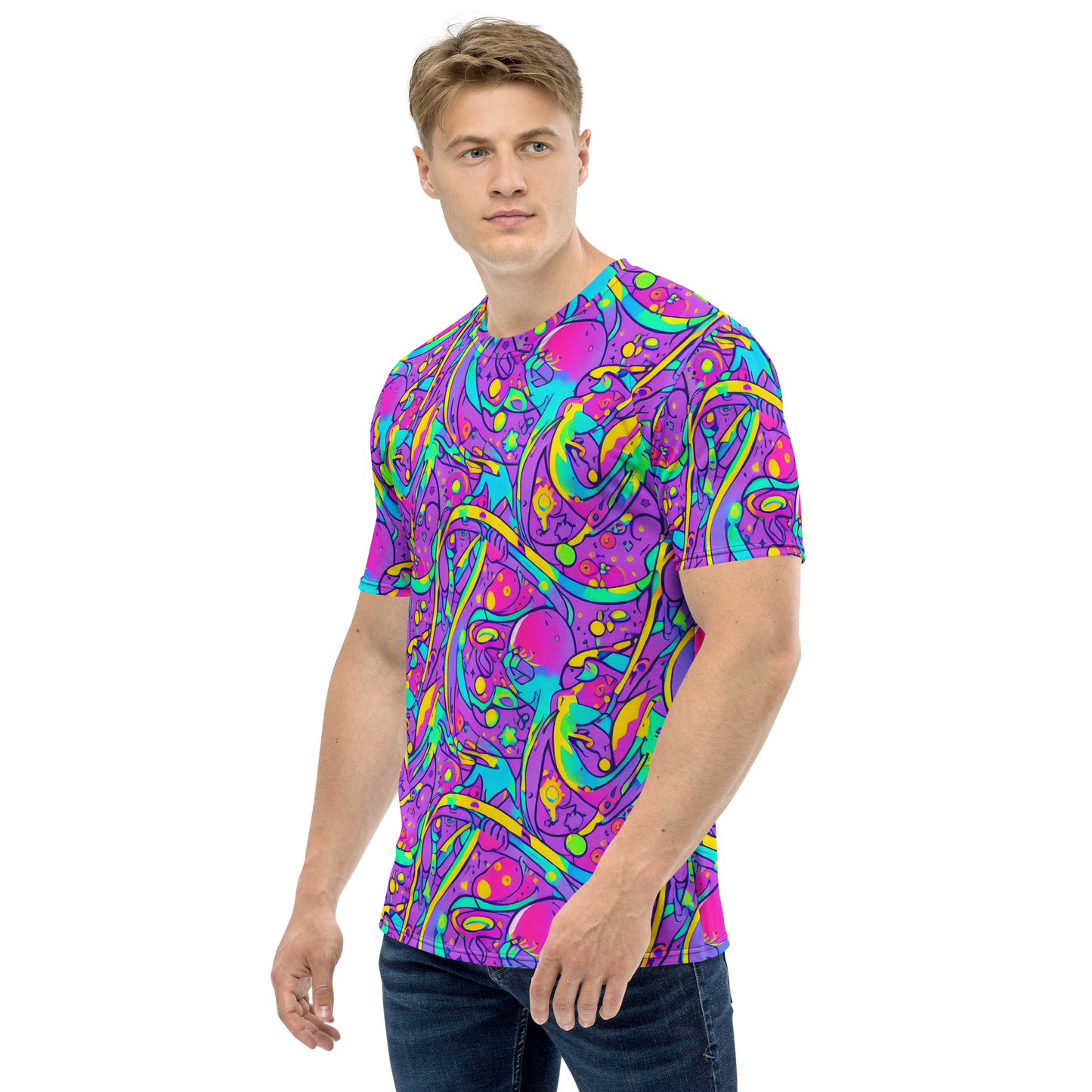 Men's Crew Neck T-Shirt - Neon Galaxy Whirl