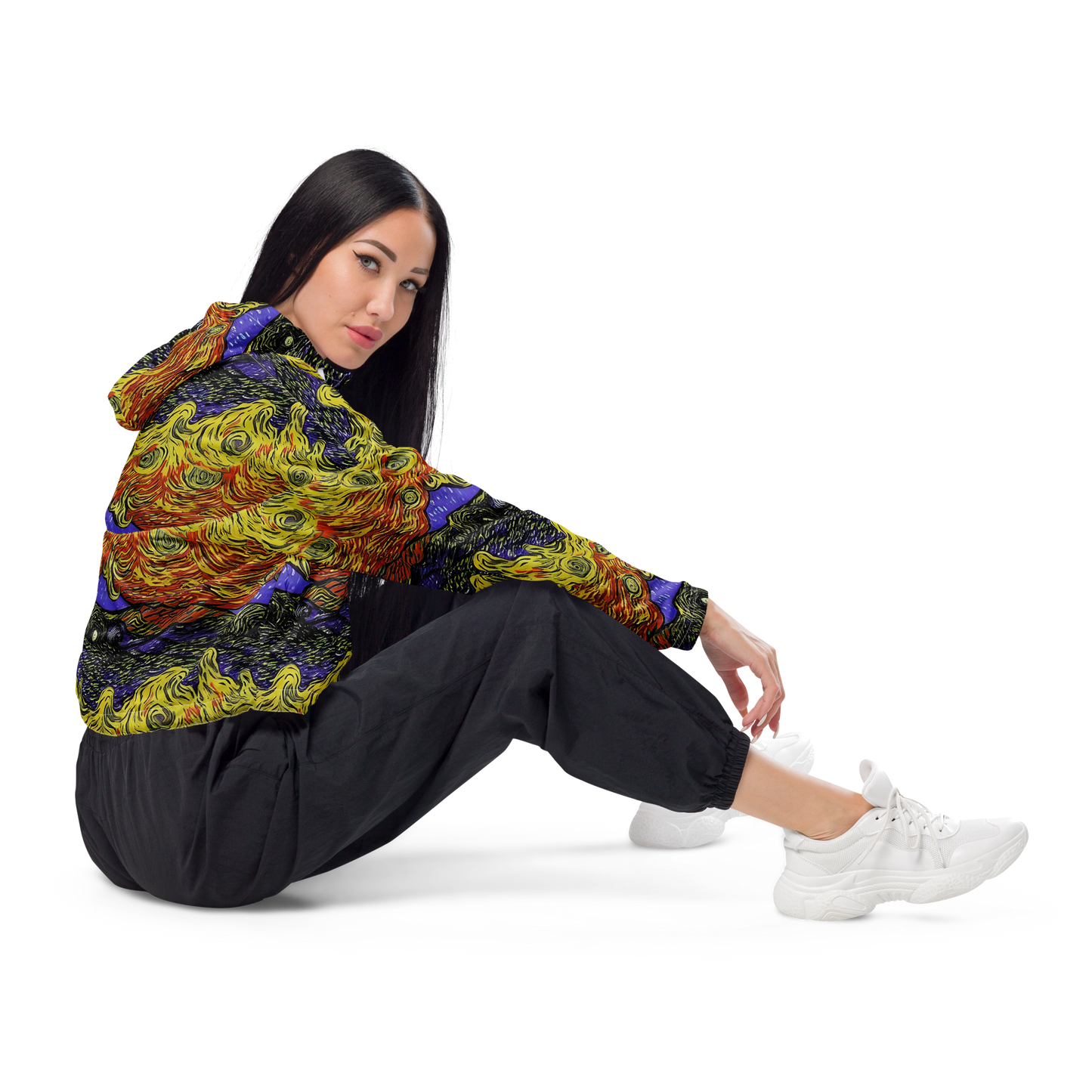 Women's Cropped Windbreaker - Dancing Solar Flare