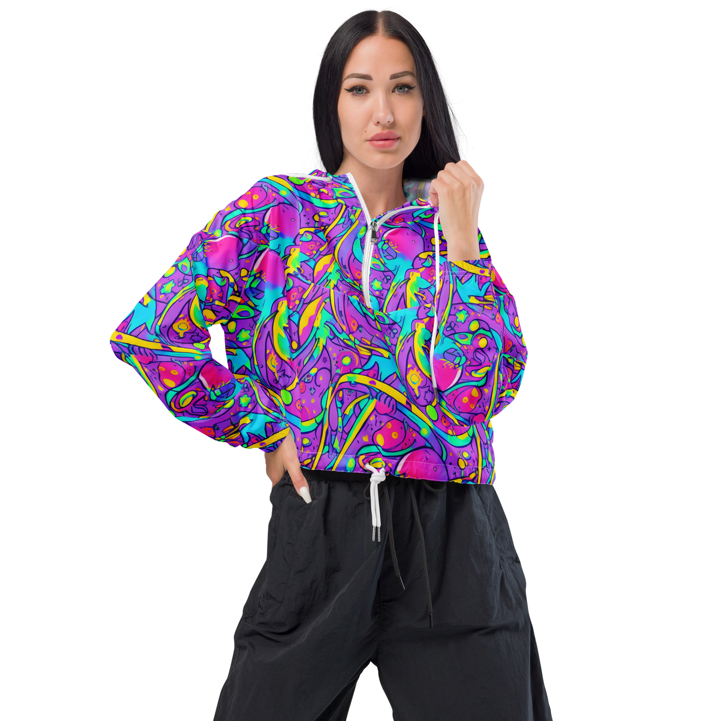 Women's Cropped Windbreaker - Neon Galaxy Whirl