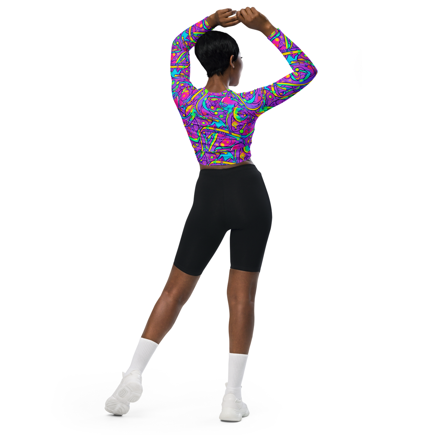 Long Sleeve Crop Top - Neon Galaxy Whirl