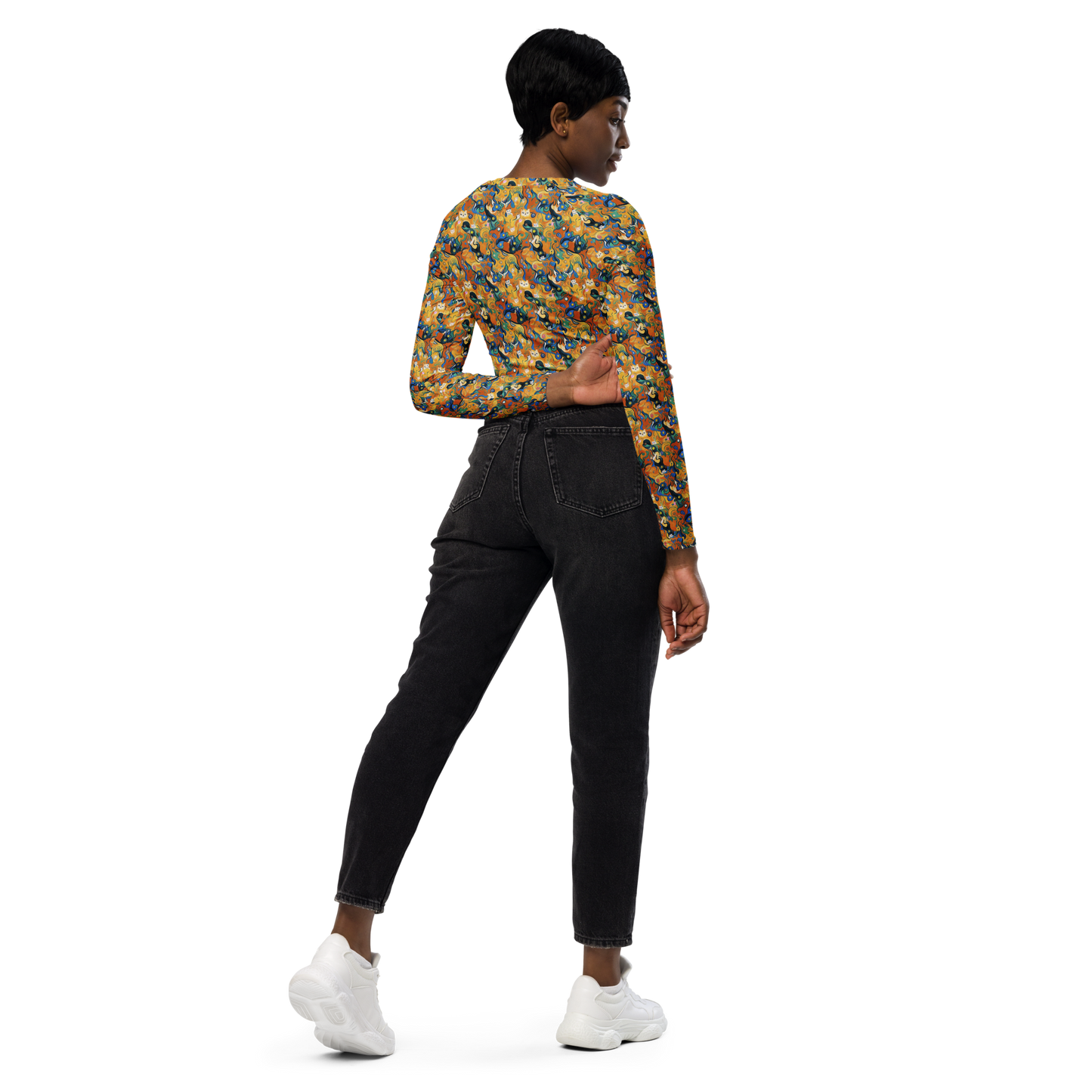 Long Sleeve Crop Top - Whimsical Feline Dance