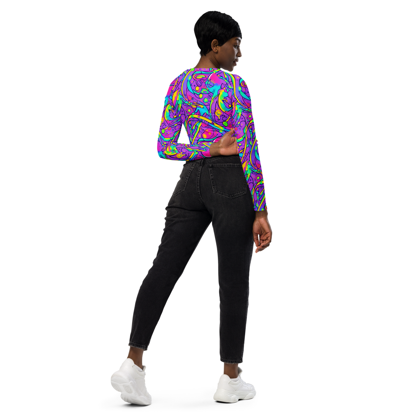 Long Sleeve Crop Top - Neon Galaxy Whirl