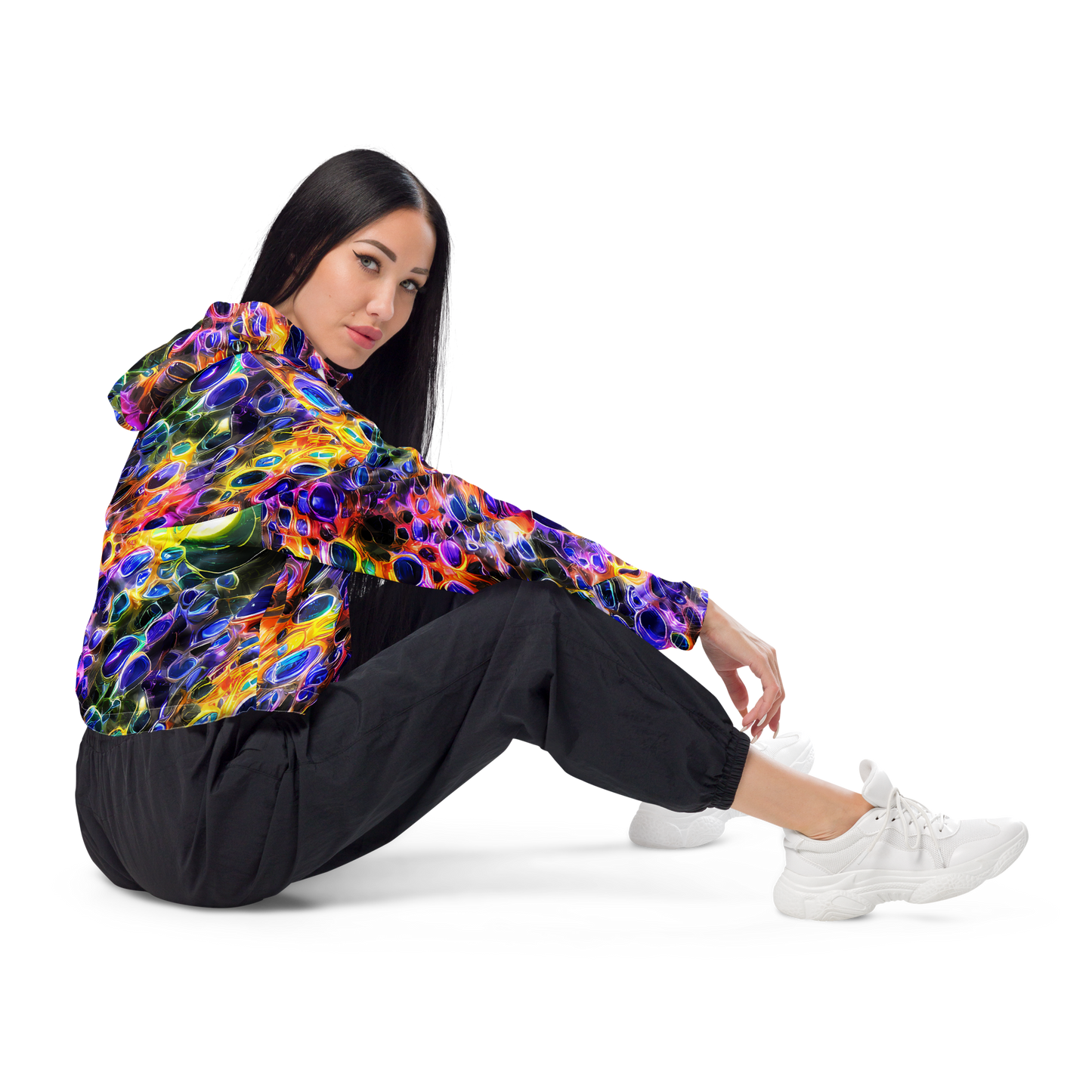 Women's Cropped Windbreaker - Neon Orbits
