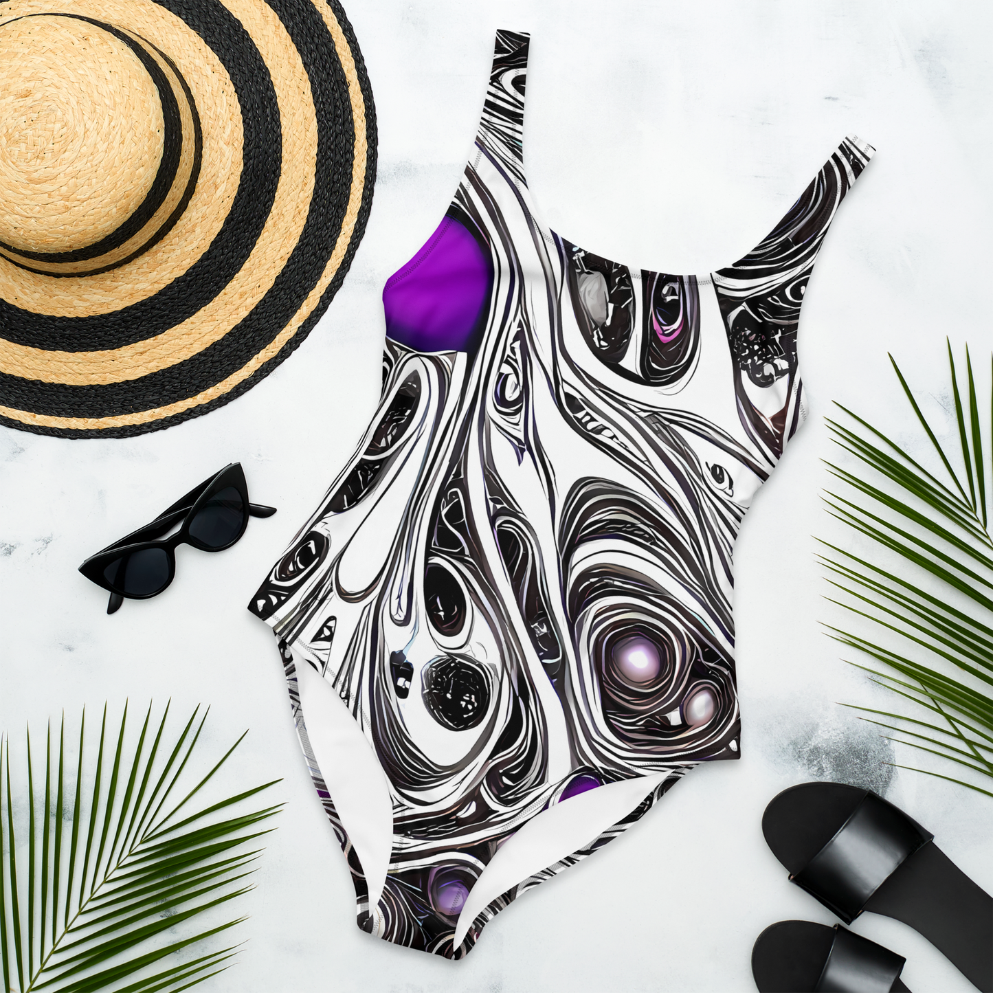 One-Piece Swimsuit - Neo-Noir Waves