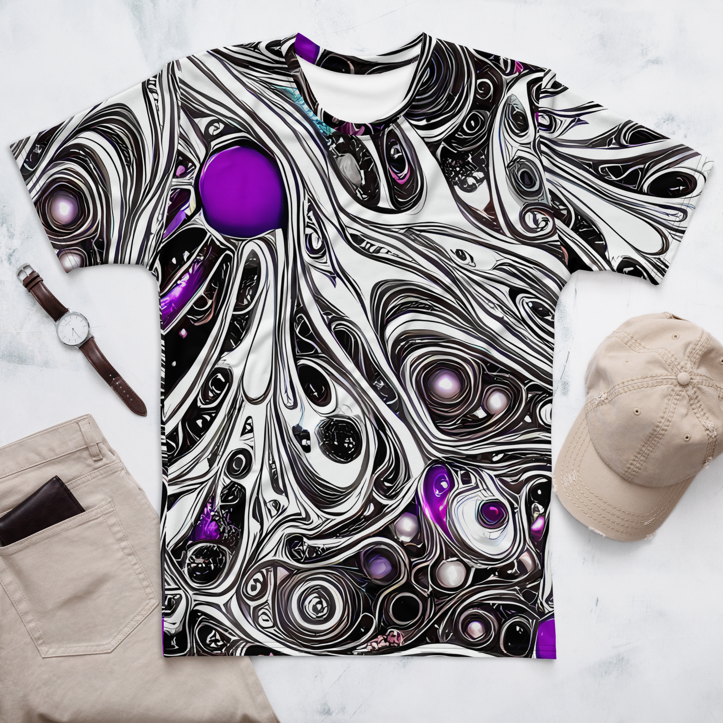 Men's Crew Neck T-Shirt - Neo-Noir Waves