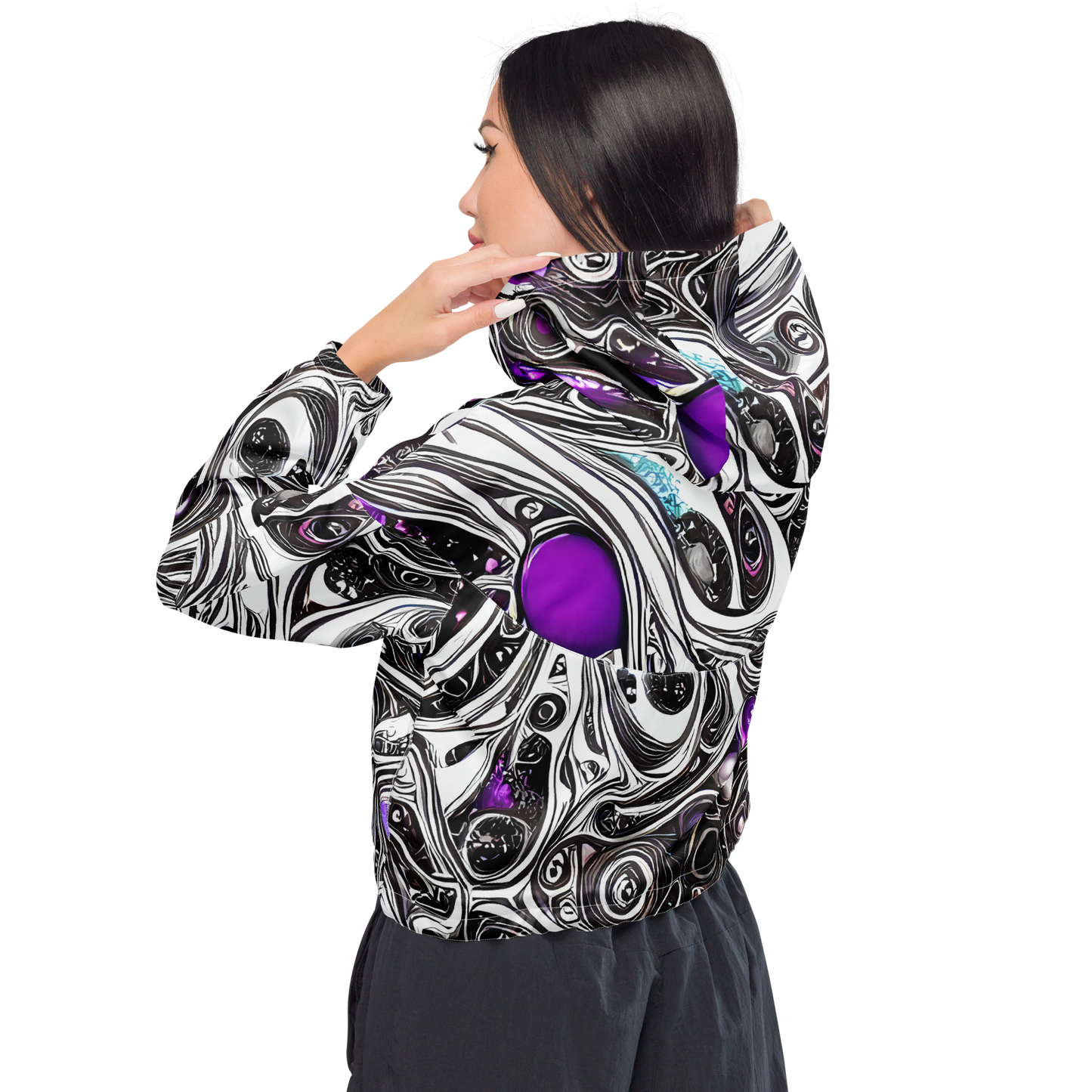 Women's Cropped Windbreaker - Neo-Noir Waves