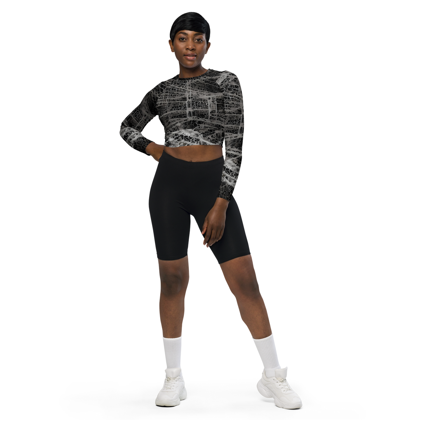 Long Sleeve Crop Top - Monochrome Mesh