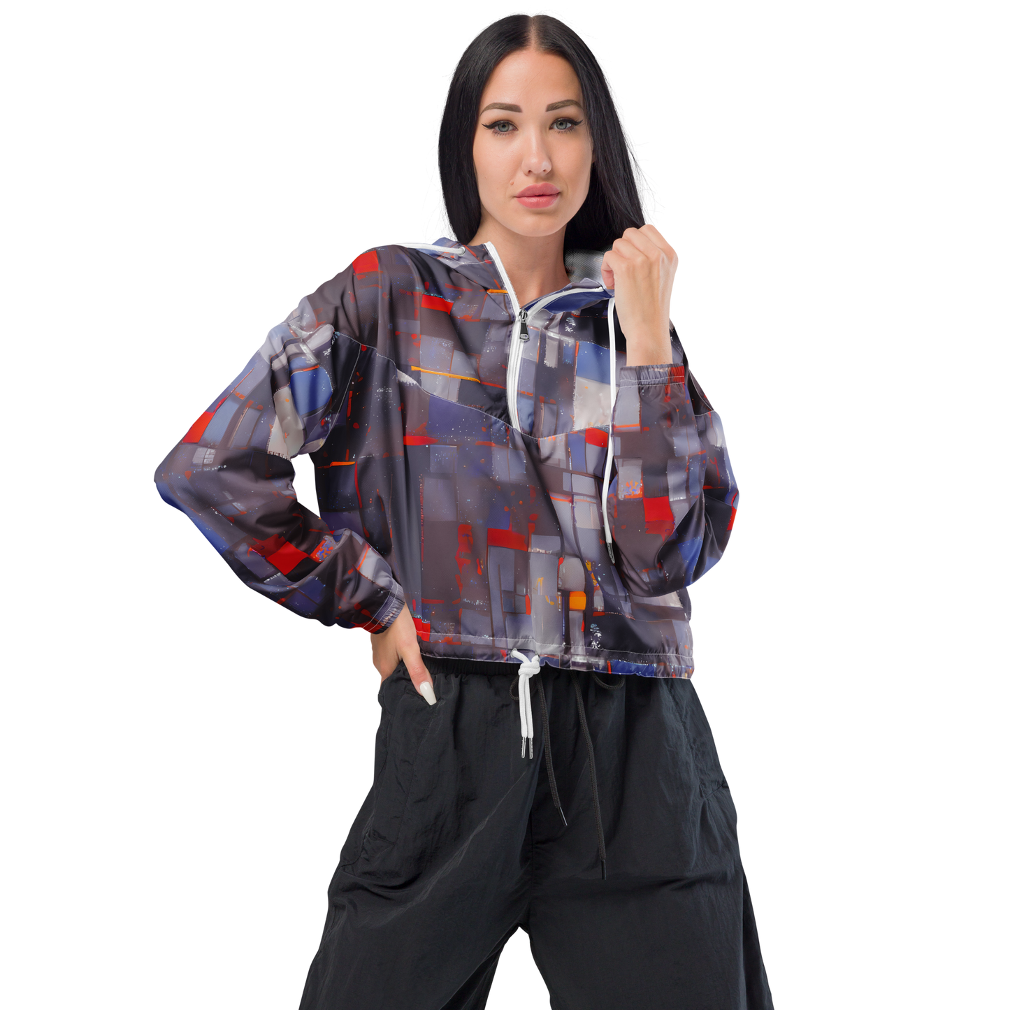 Women's Cropped Windbreaker - Cubist Rhythm