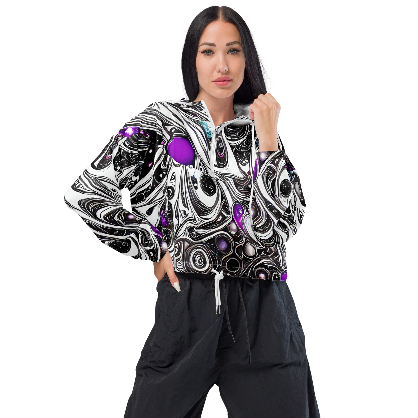 Women's Cropped Windbreaker - Neo-Noir Waves