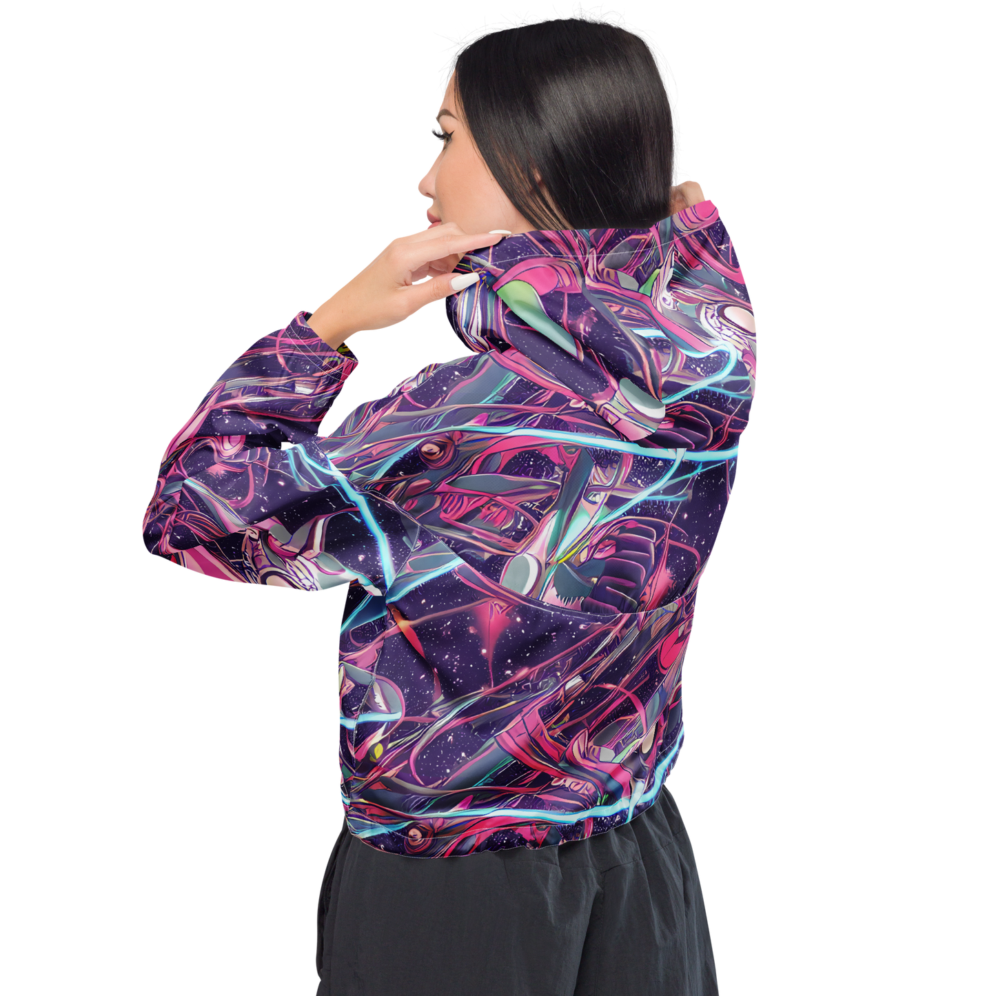 Women's Cropped Windbreaker - Neo-Tokyo Twirl