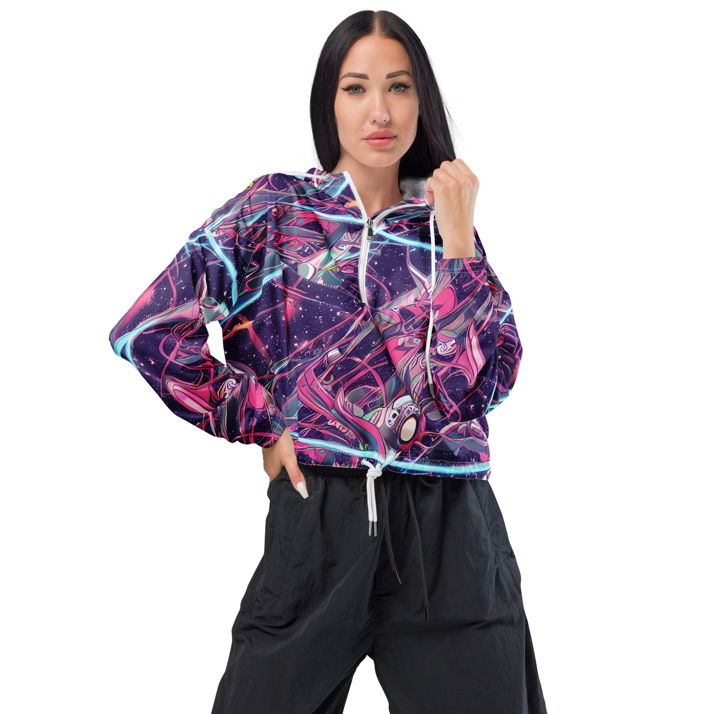 Women's Cropped Windbreaker - Neo-Tokyo Twirl